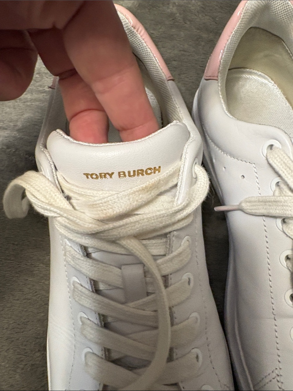 Tory Burch White Leather Sneakers with Pink Heel - Picture 2 of 5